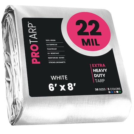 Protarp Heavy Duty Tarp, 6 ft x 8 ft, 22 Mil, White, Polyethylene, Waterproof, Rip and Tear Proof PT-204-6X8